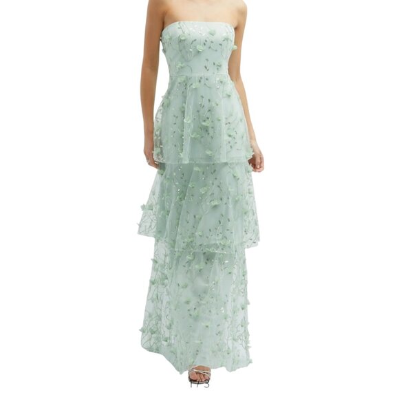 Dessy Collection Strapless Green 3D Embroidered Sequin Tiered Maxi Dress Sz 14R - Picture 1 of 14